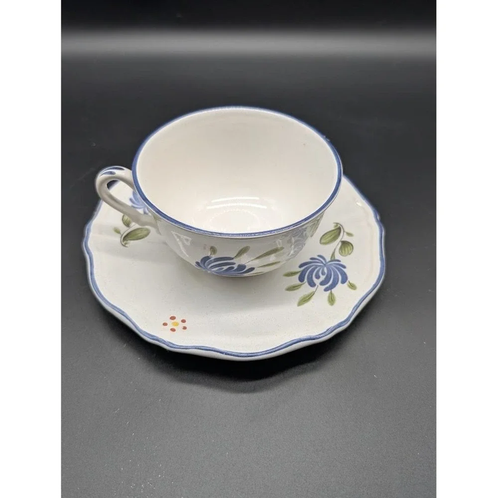 Vintage Luneville France Chanteclerc Teacup Saucer Set scallop Rooster Blue Rare